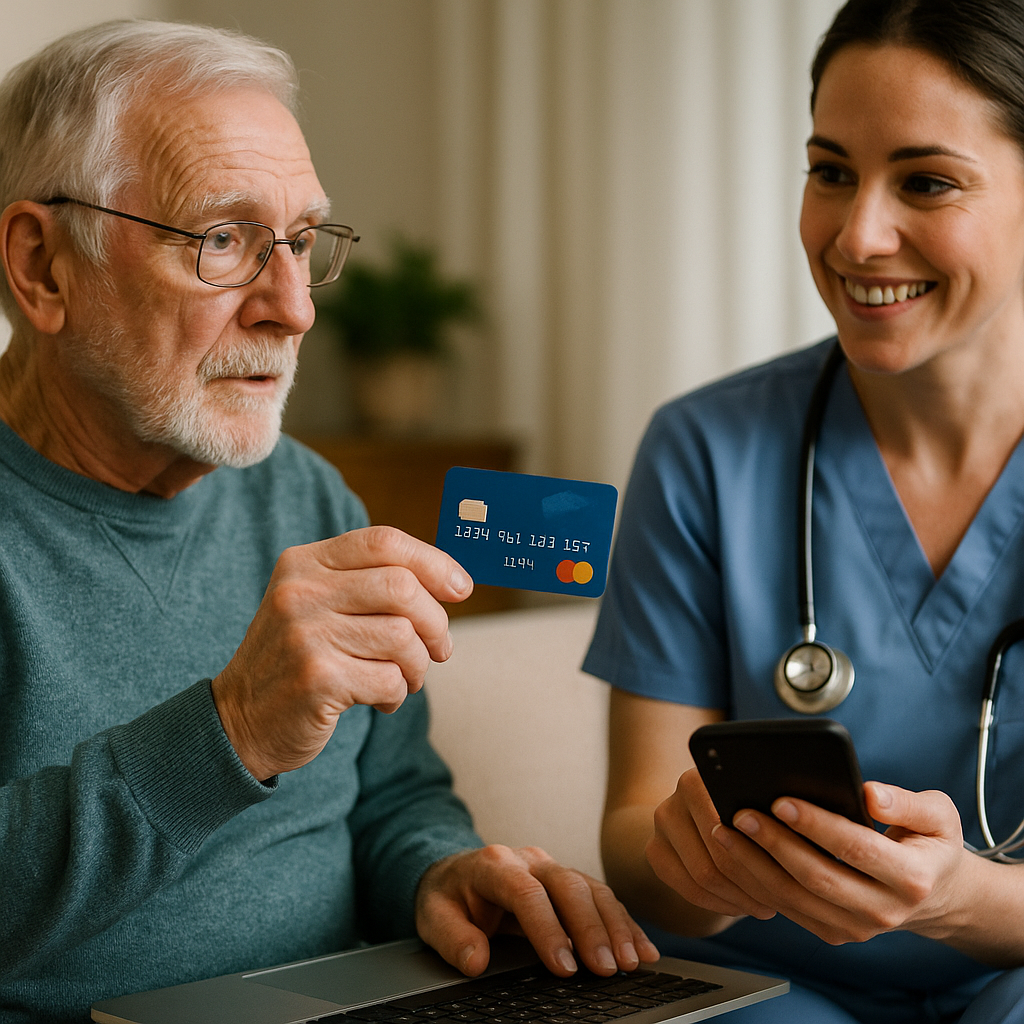 An elderly man holds a credit card beside a nurse in scrubs, who is smiling and holding a smartphone. They appear to be discussing how to pay for home care or exploring convenient home care options together.